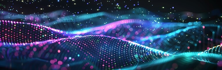 Abstract wave lines background with glowing pink and blue dots