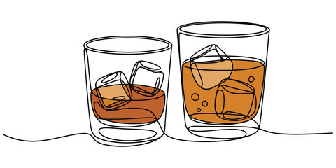 Whiskies and ice, Scotch on the rocks in glasses. Whiskey and soda, Continuous one line drawing vector illustration., Whiskey glass with ice cubes isolated on white background in a minimalist one line
