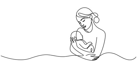 A woman with a baby in her arms. One line drawing  with alpha channel, self drawing of continuous one line draw. mother holding her baby. Mother holding baby in continuous line art style.