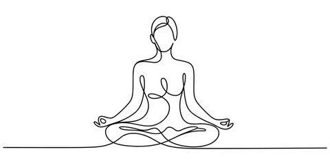 Woman sitting in lotus pose yoga. Continuous one line drawing, Women doing yoga one line drawing. Aerobic sport girl exercise for modern healthy lifestyle, women performing yoga line art.