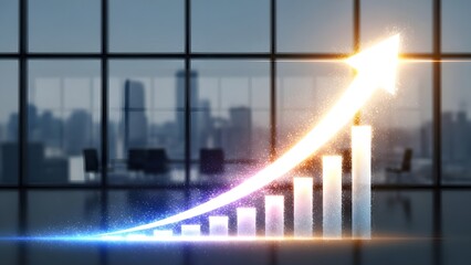 A glowing bar graph with an upward trend in a modern office with a city skyline view