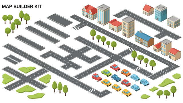 Map elements: road segments (straight, corner, intersection), simple buildings, trees, and cars, designed as a 'Map Builder Kit'.