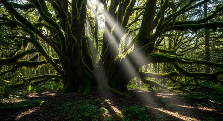 Sunlight filtering through the lush canopy of a dense forest, highlighting a majestic ancient tree with sprawling branches