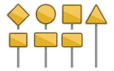 Various yellow road signs on metal poles for traffic guidance