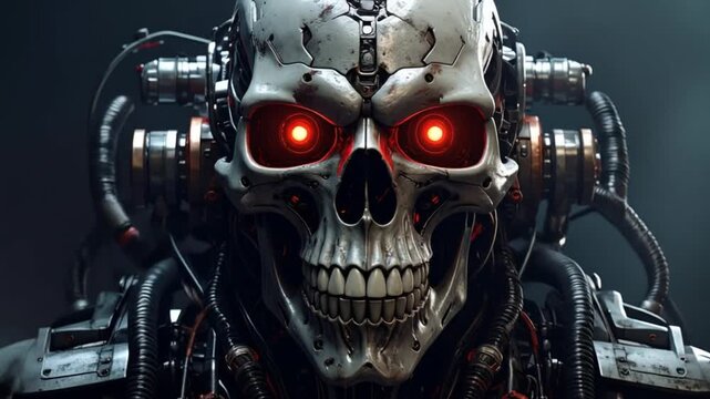 Cybernetic skull with glowing red eyes, metallic, futuristic, detailed, and mechanical