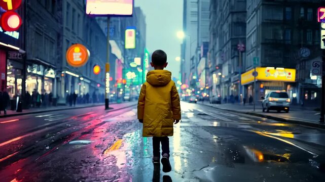 A child in a yellow coat walks down a wet urban street at night surrounded by neon signs. 4k Video footage.