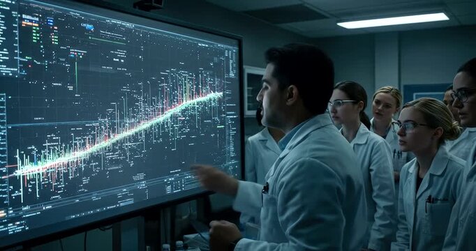 Scientists analyze complex data on a large futuristic screen.