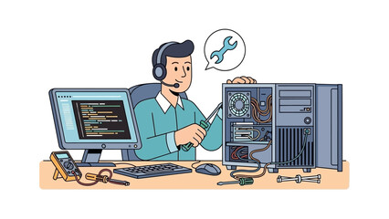 Skilled IT professional servicing a desktop computer, offering expert technical support and hardware repair solutions to ensure optimal system performance