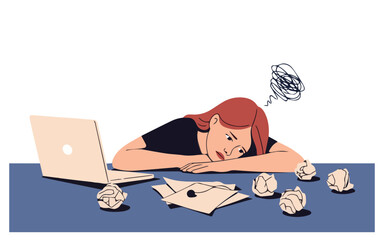 Frustrated businesswoman struggling with writer's block at her desk