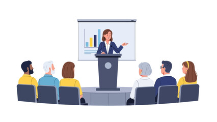 Professional woman delivers engaging business presentation to a diverse audience at a corporate seminar, illustrating effective public speaking and leadership skills