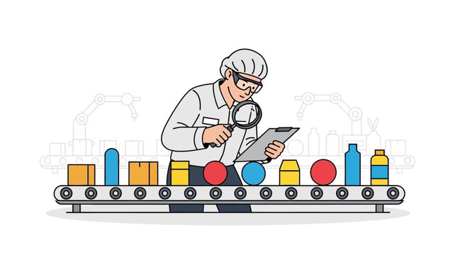 Professional quality inspector diligently examining items on an automated production line, ensuring stringent manufacturing standards and process efficiency