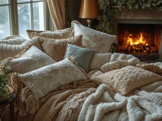 Fototapeta premium Cozy bedroom with fireplace and decorative pillows