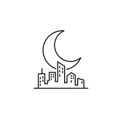 Cityscape under crescent moon isolated on white background