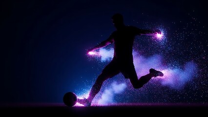 Obraz premium Silhouette of a soccer player kicking a ball with glowing light effects