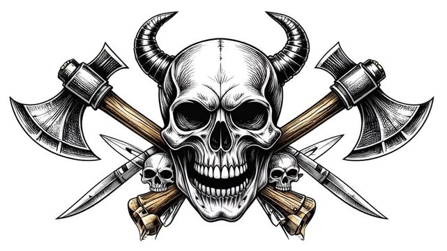 A menacing skull with horns, crossed axes, and daggers, a black and white illustration