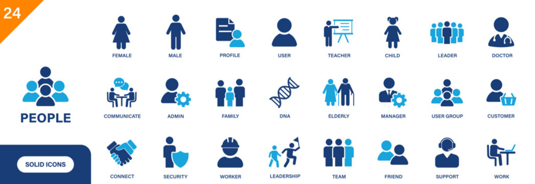 People icon. Includes family, customer, male, female, worker, user. Solid vector icon set.