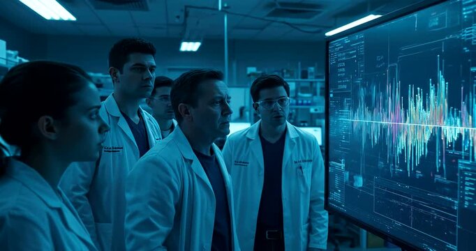 Scientists collaborate in a modern laboratory analyzing complex data on a large screen.
