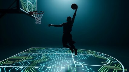 Silhouette of a basketball player dunking with a digital circuit background