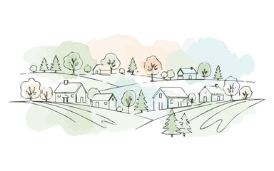 Quaint rural landscape with houses and trees on rolling hills