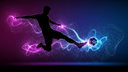 Dynamic soccer player silhouette with vibrant pink and blue energy trails