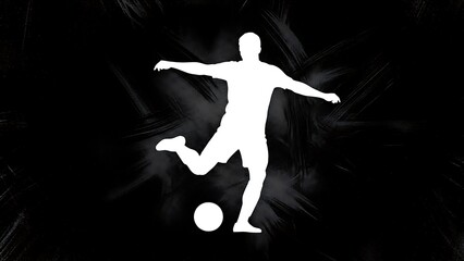 Silhouette of a soccer player kicking a ball against a dark background