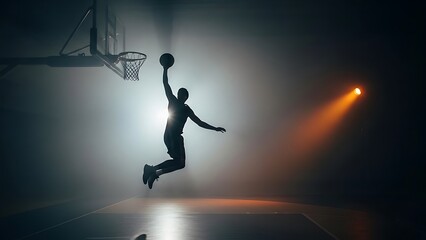 Silhouette of a basketball player in mid air during a dramatic dunk attempt