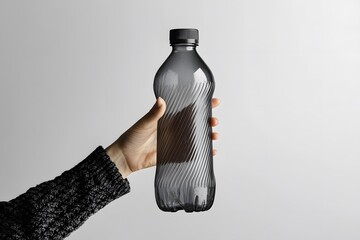 A person holding a blank plastic water bottle sligh
