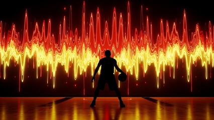 Silhouette of a basketball player against a vibrant sound wave background