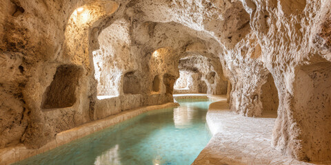 Cave-like swimming pool area with water and stone walls in a natural setting during daytime