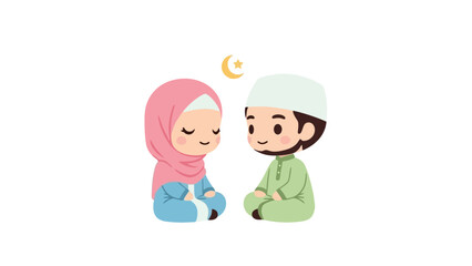 Charming Cartoon Couple in Traditional Attire with Crescent Moon Emblem