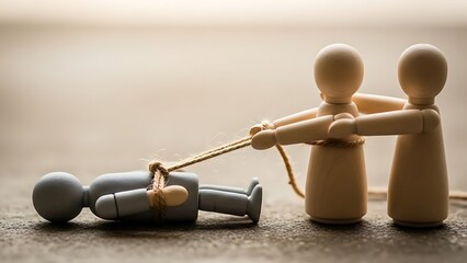 Wooden figures demonstrating support and assistance with a fallen companion