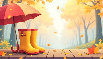 Flat Design of Cozy Autumn Scene with Rain Boots, Leaves, and Umbrella