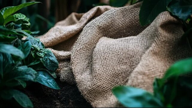 A burlap sack nestled among vibrant green plants and rich soil.