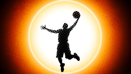 Silhouette of a basketball player in mid air shooting for the hoop