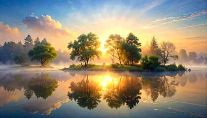 A serene sunrise illuminates a misty lake, trees are clustered on an island, their reflections mirror the golden light, peaceful atmosphere