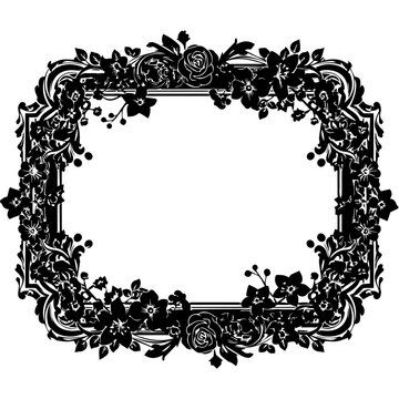 An ornate black floral frame with roses and foliage on a white background