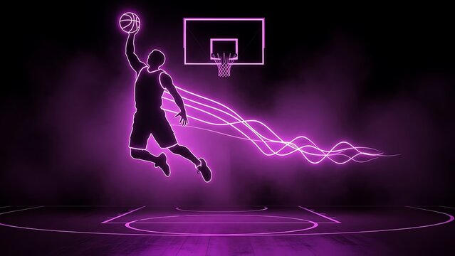 Neon basketball player in mid air shooting towards a glowing hoop - Powered by Adobe