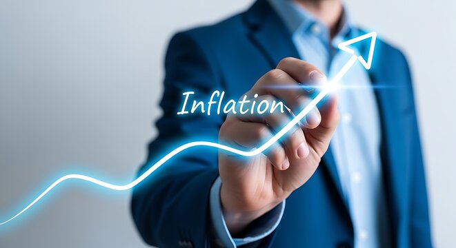 Businessman draws glowing upward arrow demonstrating rising inflation concept with bright future outlook - Powered by Adobe