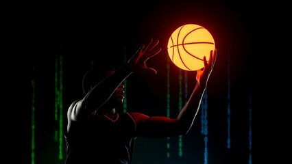 A silhouetted basketball player reaches for a glowing basketball in a dark setting