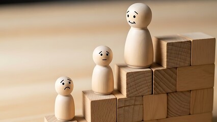 Wooden peg dolls depicting emotion positioned on stacked wooden building blocks