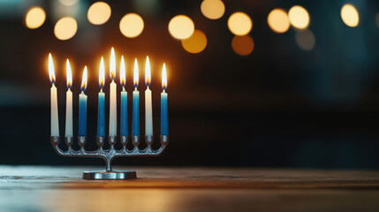 Hanukkah celebration with menorah and lit candles