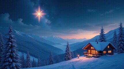 Serene mountain cabin under starlit night
