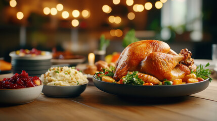 Elegant thanksgiving feast with roasted turkey centerpiece on rustic dining table for holiday celebration