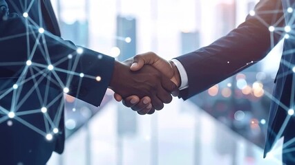 Two business people shake hands in a symbolic deal, overlaid with a digital network graphic - Powered by Adobe
