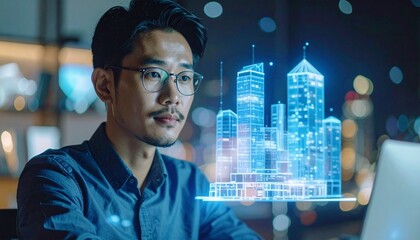The focus on the man's serious face and rimmed glasses give a sense of professionalism, while the soft bokeh background adds a high-tech atmosphere.p