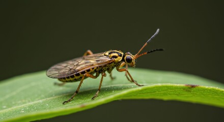 Brown Insect Standing on Green Leaf Closeup.
