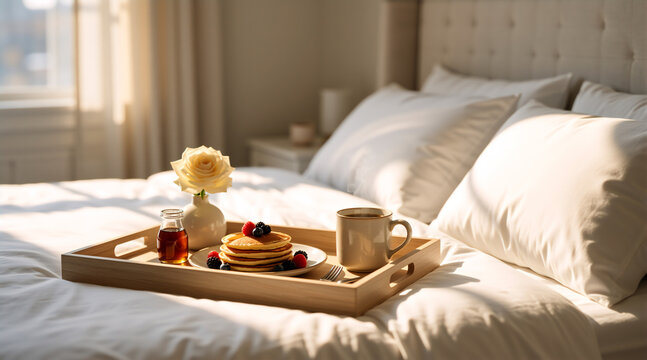Breakfast in bed with pancakes and coffee on a wooden tray. Morning meal with fresh berries and a rose in a sunlit bedroom. Luxury hotel room service concept