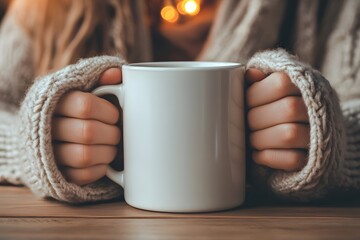 A person holding a blank white mug with both hands