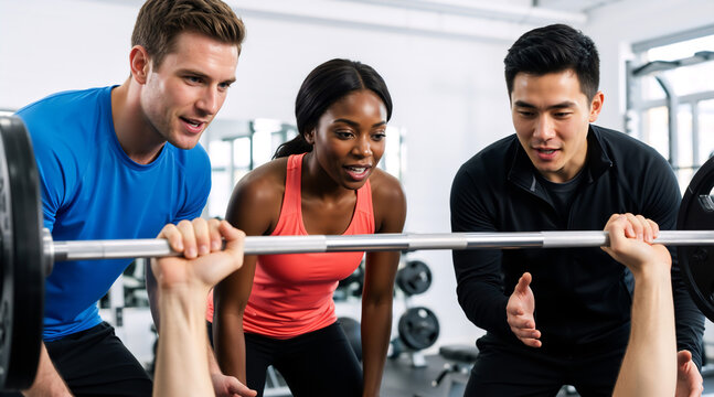 Diverse group of friends spotting a weightlifter in the gym. Multiethnic trainers coaching a person on bench press. Teamwork and support in fitness training concept