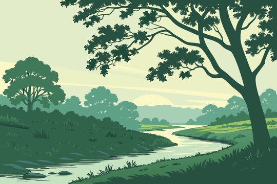 A vibrant cartoon illustration of a green summer landscape featuring a lush forest with tall trees under a blue sky with fluffy white clouds over rolling hills and a grassy meadow field